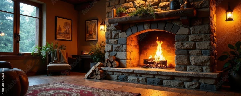 Large stone fireplace with fire burning brightly, large fire, warm light, rustic decor