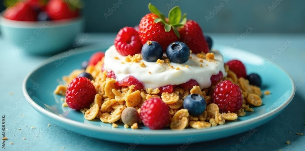 Layered granola yogurt and berries on a blue plate, snackInspo, healthyEats, bluePlate