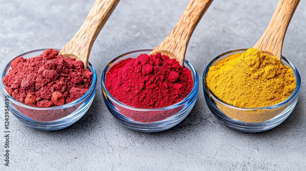 Colorful Spice Powders in Glass Bowls with Wooden Spoons on Gray Concrete Background for Culinary Use Colorful Spice Powders in Glass Bowls with Wooden Spoons on Gray Concrete Background for Culinary Use