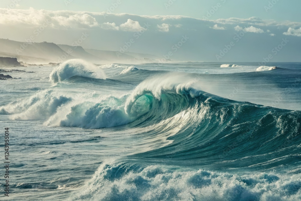 Obraz premium Ocean waves in a state of transition from calm to turbulent, fluid dynamics, ocean wave patterns, oceanic shapes