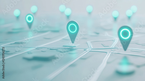 3D location pins with a modern, advertising-friendly aesthetic. The pins float over thin, elegant lines that lead to precise targets, a tech-savvy feel, ideal for business presentations photo