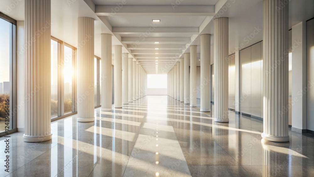 Sunlit Colonnaded Hallway with Polished Floor and Expansive Windows Sunlit Colonnaded Hallway with Polished Floor and Expansive Windows