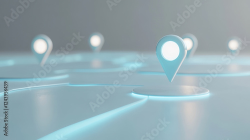 3D location pins with a modern, advertising-friendly aesthetic. The pins float over thin, elegant lines that lead to precise targets, a tech-savvy feel, ideal for business presentations photo