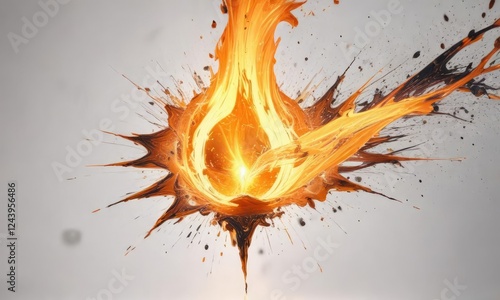 Orange flame with abstract shape and sparks on white background, explosive energy, bright colors