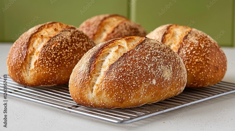 Freshly Baked Artisan Bread Loaves with Crisped Crust on Cooling Rack and Green Background Freshly Baked Artisan Bread Loaves with Crisped Crust on Cooling Rack and Green Background