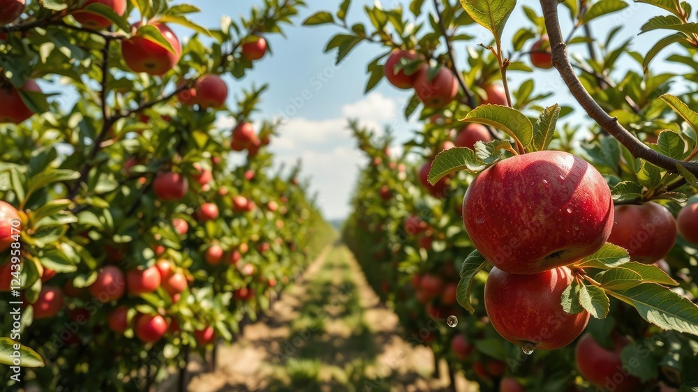 Overhead view of a sunny orchard with rows of ripening red apples and the occasional raindrop falling onto an apple, orchard, red Overhead view of a sunny orchard with rows of ripening red apples and the occasional raindrop falling onto an apple, orchard, red