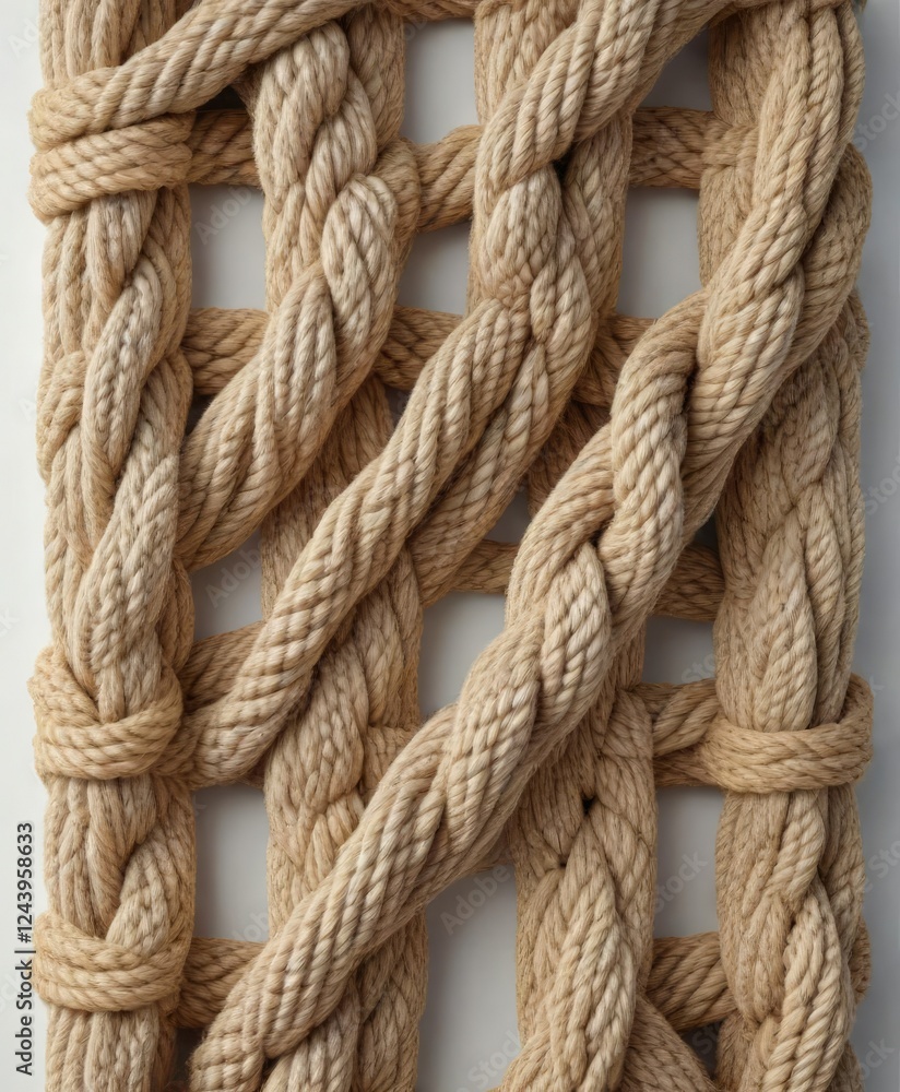 Fototapeta premium Overlapping hemp rope square knots on a white surface , twine, texture