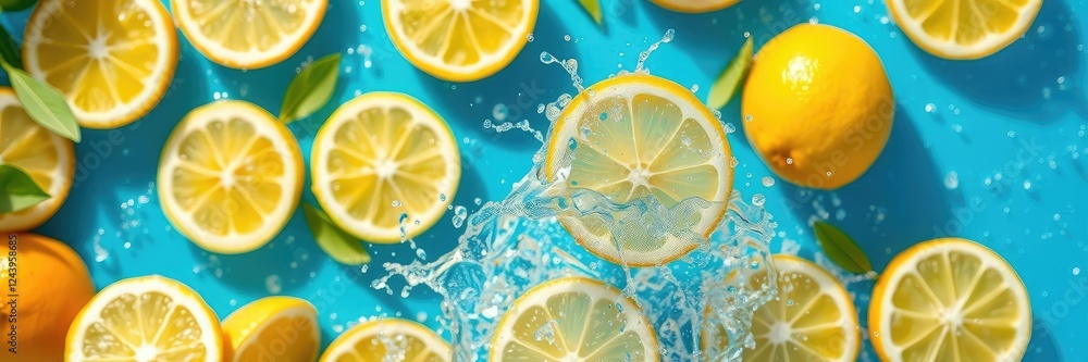 Vibrant lemon slice hitting water creating a refreshing splash on blue background, fruit, background Vibrant lemon slice hitting water creating a refreshing splash on blue background, fruit, background