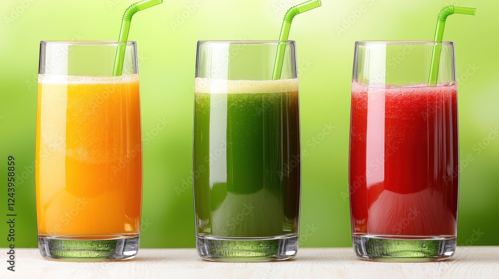 Fototapeta premium Refreshing Bright Colorful Fruit and Vegetable Juices Served in Clear Glasses with Straws on Green Background