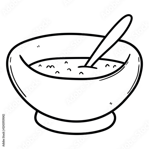 Hand drawn doodle bowl of porridge with spoon on white background.