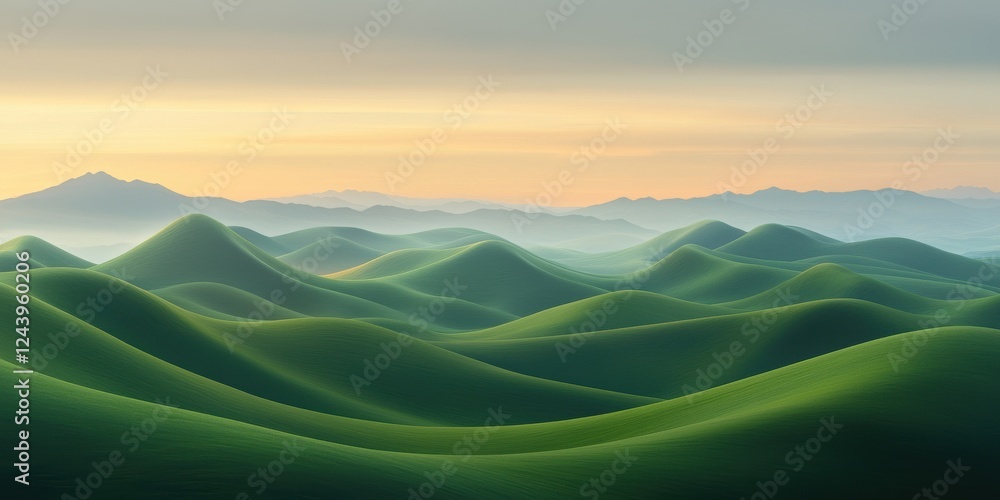 Fototapeta premium Serene landscape of rolling green hills at sunrise nature tranquil environment wide view