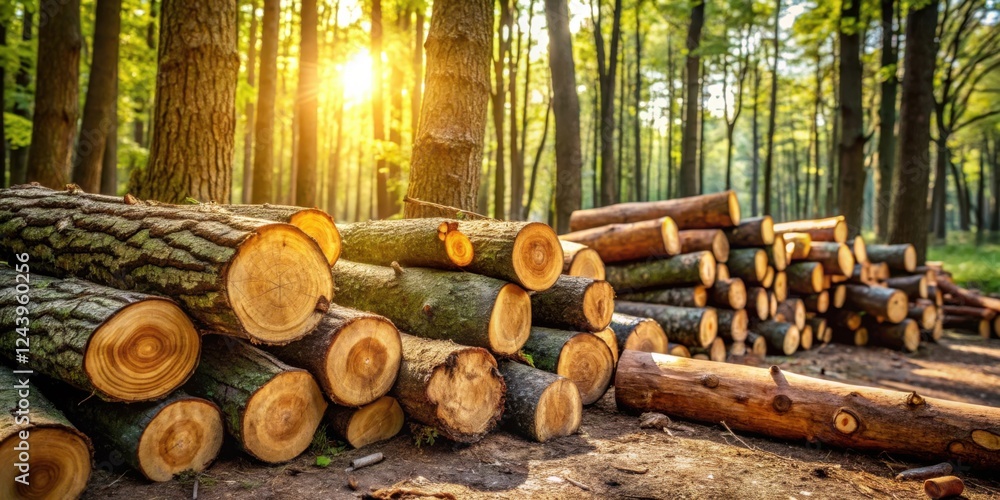 Golden sunlight illuminates a stack of freshly cut logs in a lush forest Golden sunlight illuminates a stack of freshly cut logs in a lush forest