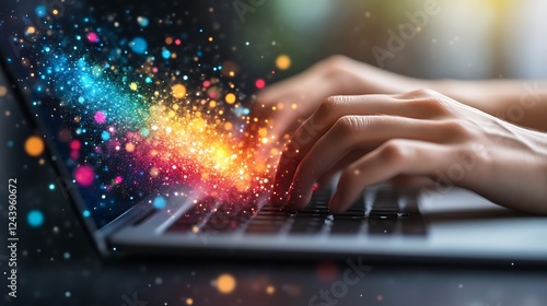 Hands Typing on Laptop with Colorful Sparkles