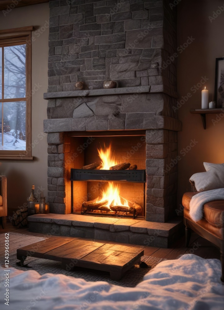 Warm and inviting atmosphere by the crackling fireplace on a snowy evening, crackling, evening, invitation Warm and inviting atmosphere by the crackling fireplace on a snowy evening, crackling, evening, invitation