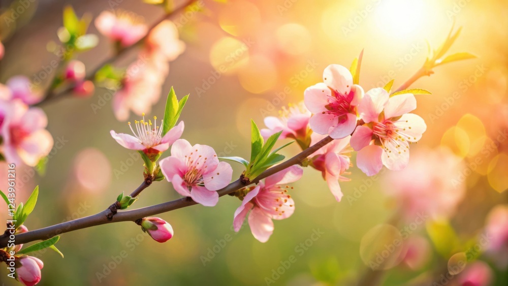 Delicate Pink Blossoms Illuminated by Warm Sunlight on a Branch Delicate Pink Blossoms Illuminated by Warm Sunlight on a Branch