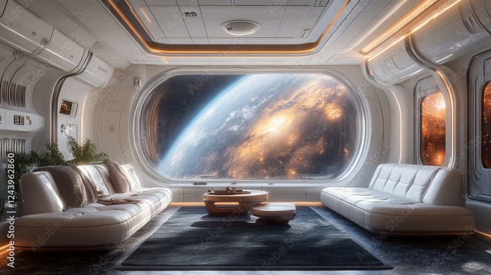 Fototapeta premium Cozy Living Room with Expansive Panoramic View of Earth Visible from Large Windows Bathed in Natural Light Creating a Warm Inviting Atmosphere Perfect for Relaxation and Gathering