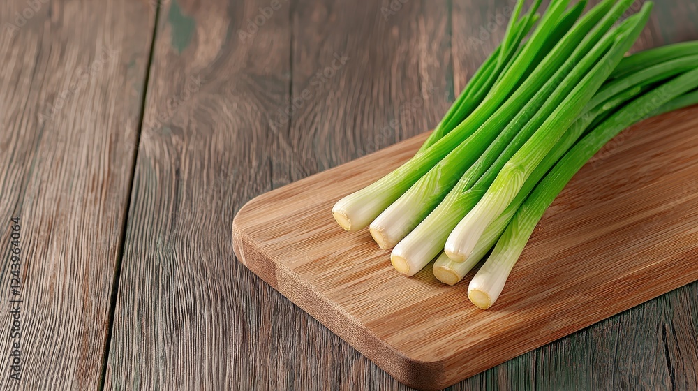 Fresh Green Onions Displayed on a Cutting Board Against a Rustic Wood Background for Culinary Illustrations Fresh Green Onions Displayed on a Cutting Board Against a Rustic Wood Background for Culinary Illustrations