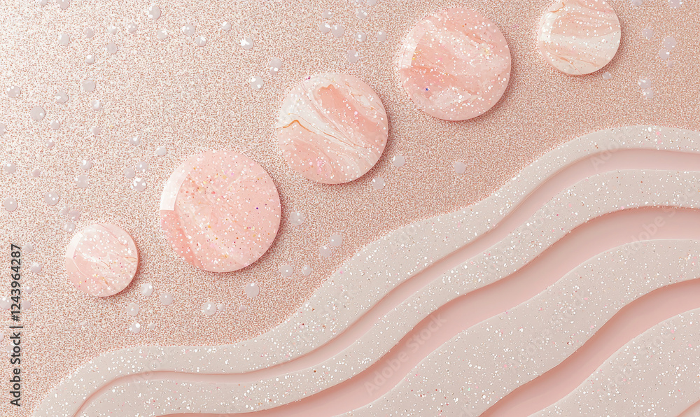 Fototapeta premium Shimmering pastel pink glitter design with marbled circles and wavy lines creates dreamy and elegant abstract background