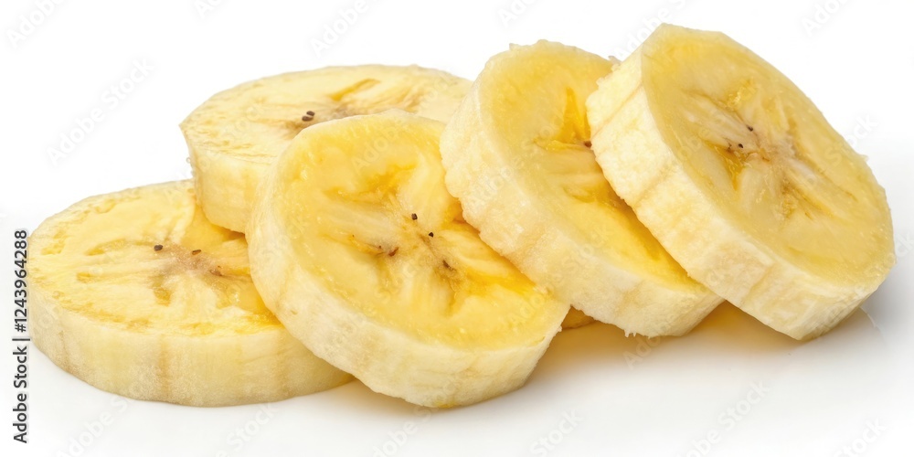 Individual slices of yellow banana isolated on a white background, fruit, fruit isolation, food photography, white background, single piece fruit Individual slices of yellow banana isolated on a white background, fruit, fruit isolation, food photography, white background, single piece fruit
