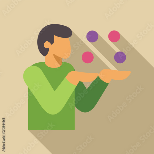 Man juggling colorful balls, showcasing balance, coordination, and entertainment in a simple, flat design