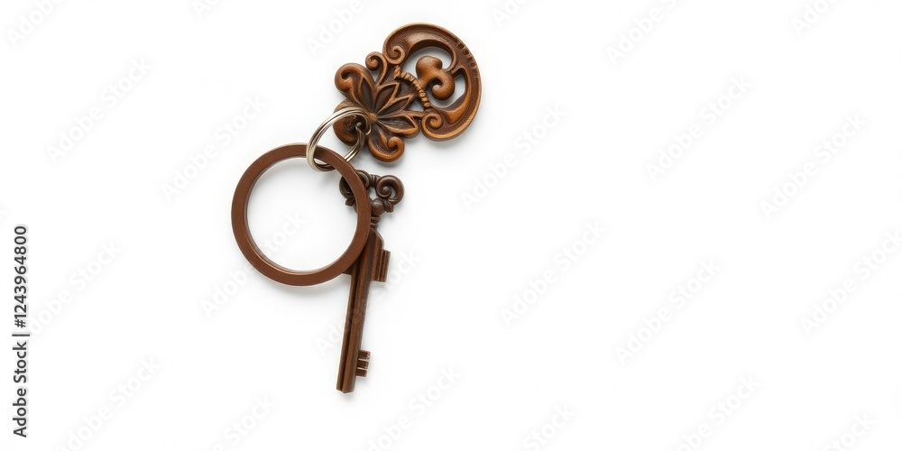Intricately carved wooden keychain on white background, accessory, wooden Intricately carved wooden keychain on white background, accessory, wooden