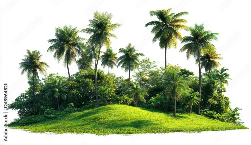 A lush green tropical island with tall palm trees on a grassy hill, isolated against a white background. Perfect for travel or vacation themes A lush green tropical island with tall palm trees on a grassy hill, isolated against a white background. Perfect for travel or vacation themes