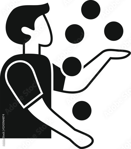 Juggler juggling many balls concentrating on show simple black icon