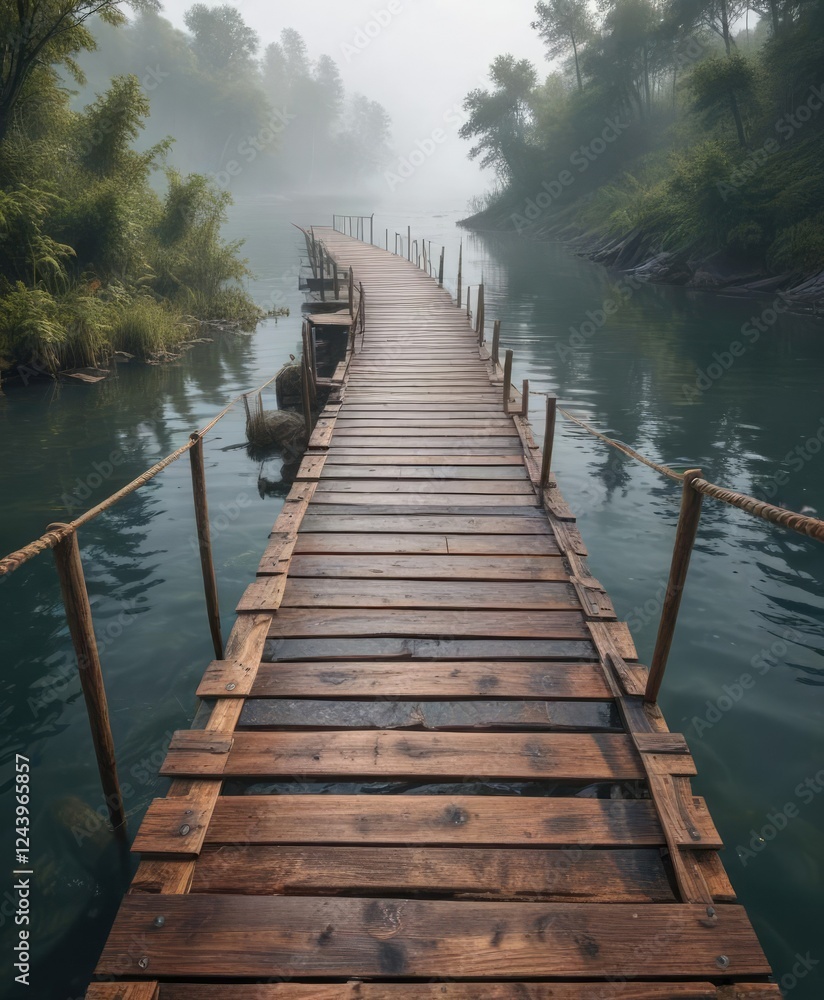 Fototapeta premium Wooden boardwalk suspended high above the murky waters, saltwater marsh, flooded landscape