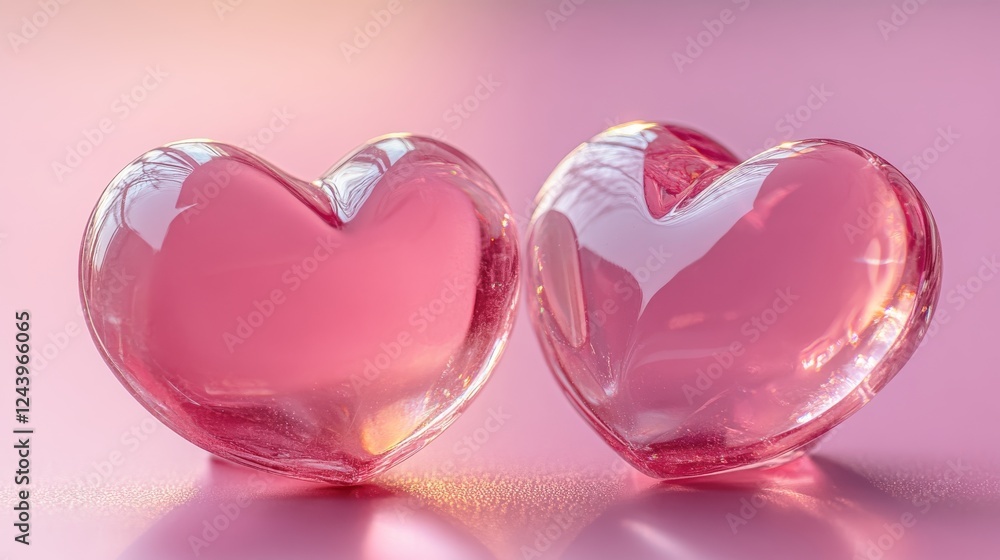 Fototapeta premium Two smooth pink heart-shaped objects positioned closely on a soft pink background