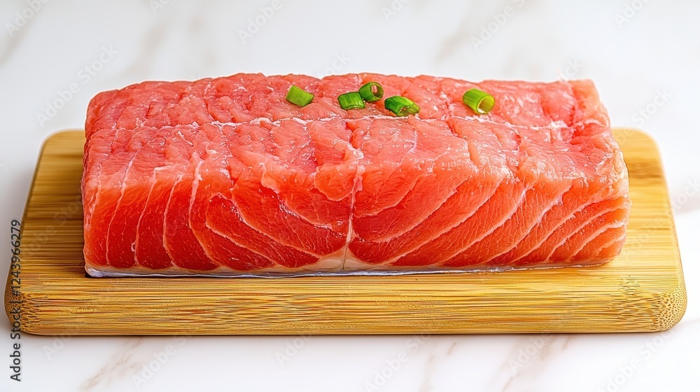 Fresh Salmon Filet on Wooden Board with Green Onions Garnish for Culinary Presentation and Recipes Fresh Salmon Filet on Wooden Board with Green Onions Garnish for Culinary Presentation and Recipes