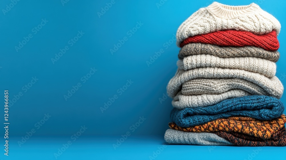 Pile of colorful sweaters arranged on a blue background for a cozy winter fashion display Pile of colorful sweaters arranged on a blue background for a cozy winter fashion display