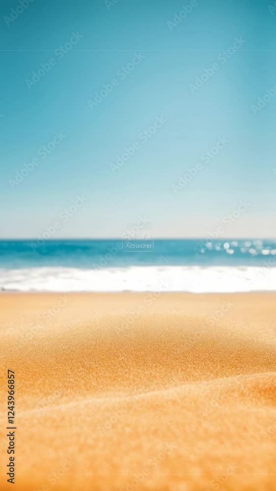 Gentle waves rolling onto golden sandy shoreline, capturing serene summer atmosphere under vibrant blue sky with tranquil oceanic landscape Gentle waves rolling onto golden sandy shoreline, capturing serene summer atmosphere under vibrant blue sky with tranquil oceanic landscape