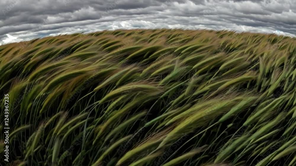 Windswept Wheat Field Under Dramatic Cloudy Sky in Rural Landscape Windswept Wheat Field Under Dramatic Cloudy Sky in Rural Landscape