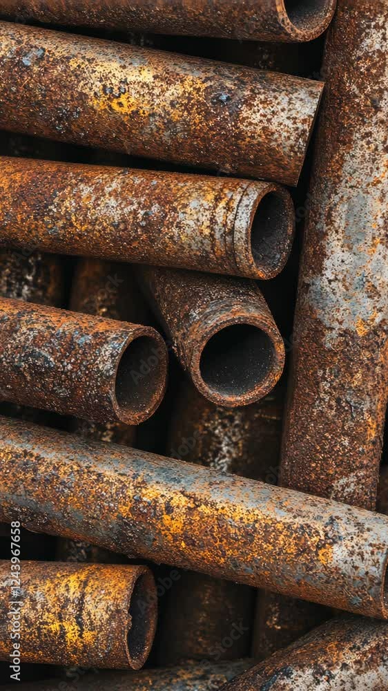 Rusty metal pipes stacked in a disordered pile at a construction site during the day Rusty metal pipes stacked in a disordered pile at a construction site during the day