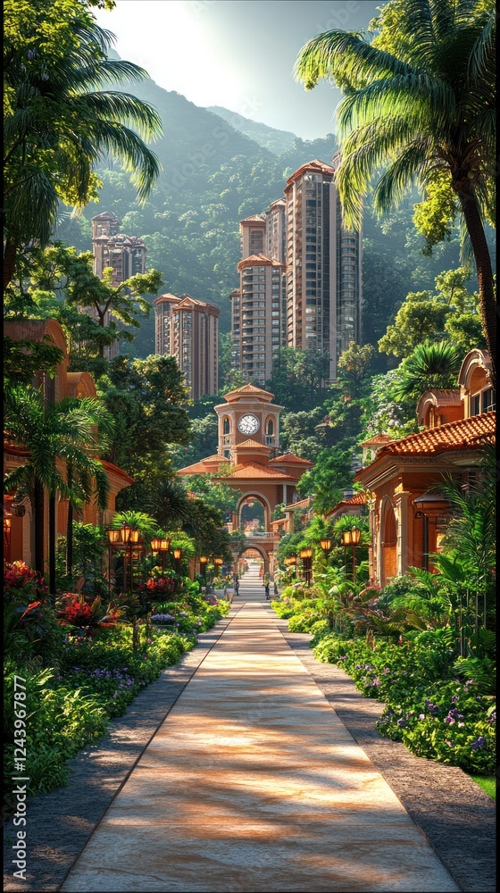 Fototapeta premium Serene Pathway Through Tropical Cityscape