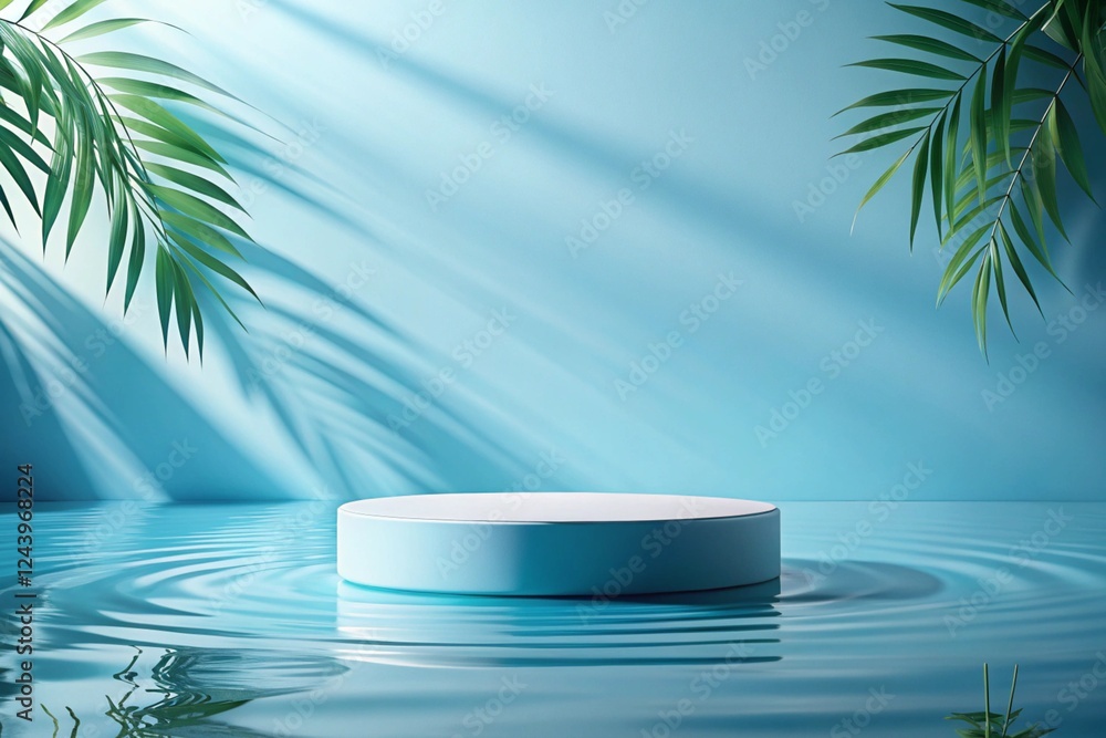 Fototapeta premium Elegant bright blue background in a minimalist style with a round Pedestal in the water around it and a shadow of leaves