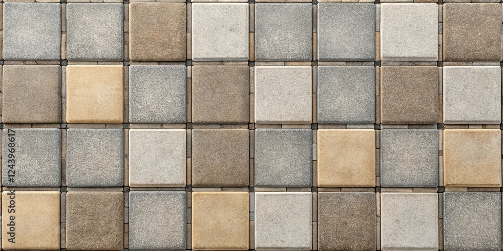 A textured pattern of square tiles in neutral earth tones A textured pattern of square tiles in neutral earth tones