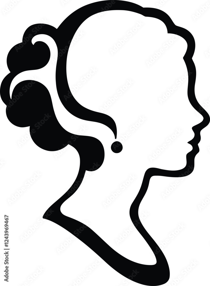 Cameo women face and head with hair silhouette. Black and white cameo design on white background. Side view modern stylish female head shape for wall art. Cameo women face and head with hair silhouette. Black and white cameo design on white background. Side view modern stylish female head shape for wall art.