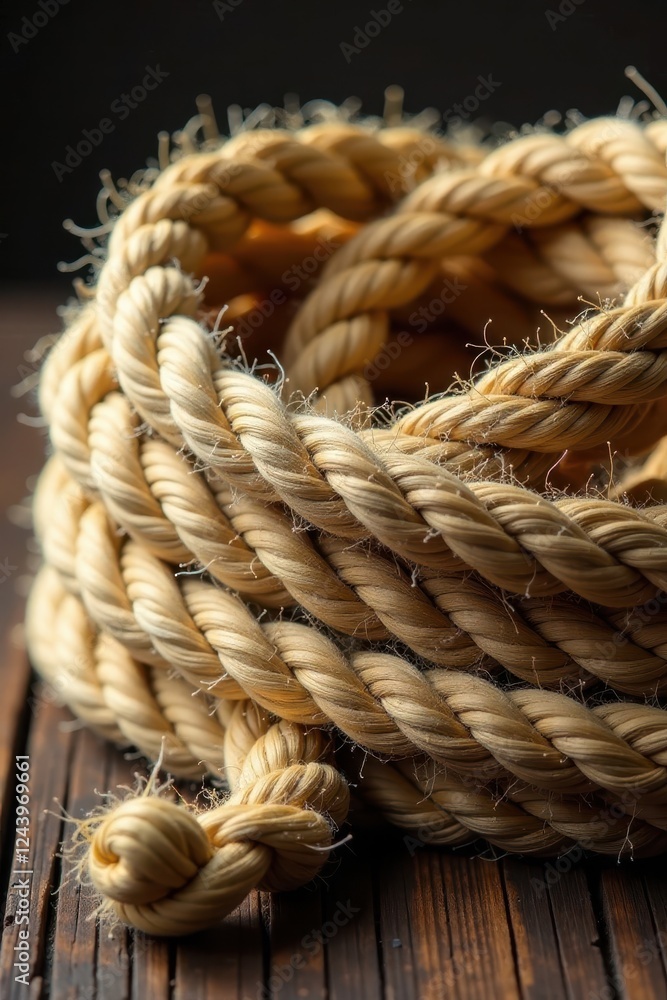 Tightly coiled jute rope, secured with tucked ends , detail, hemp Tightly coiled jute rope, secured with tucked ends , detail, hemp