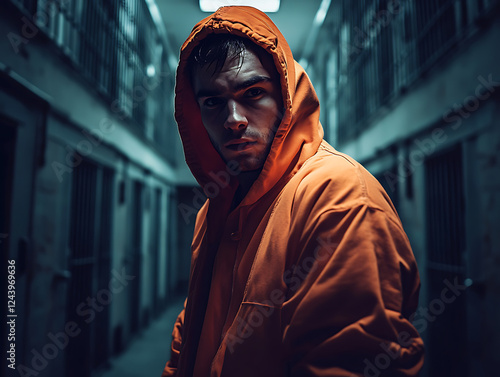 Portrait of prisoner man on jail background photo