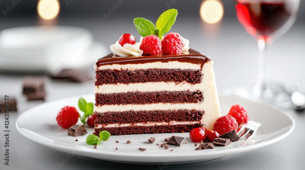 Closeup of a Delicious Three Layered Chocolate Cake with Raspberries and Mint Closeup of a Delicious Three Layered Chocolate Cake with Raspberries and Mint