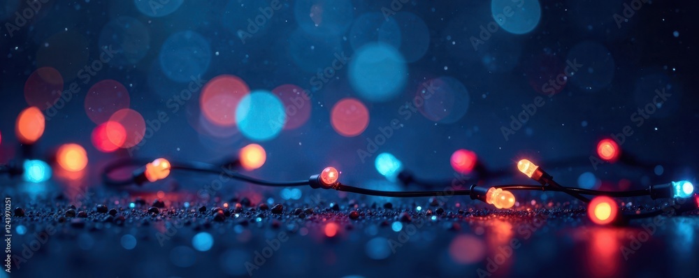 Twinkling multi-colored Christmas lights against a deep blue backdrop , energy, holiday lights Twinkling multi-colored Christmas lights against a deep blue backdrop , energy, holiday lights