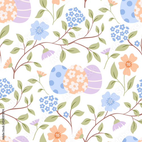 Vector seamless pattern with easter eggs and flowers. Spring repeated background
