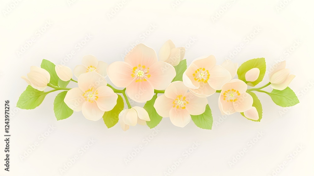 Fototapeta premium Delicate Blossom Arrangement with Soft Pink Flowers and Green Leaves