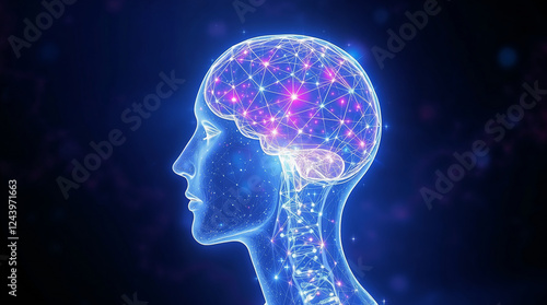 Human head generating connections and data inside brain, on blue background