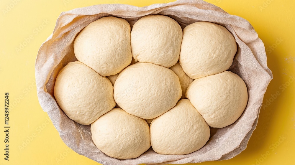Freshly Made Bread Dough Balls in a Rustic Basket on a Bright Yellow Background Freshly Made Bread Dough Balls in a Rustic Basket on a Bright Yellow Background