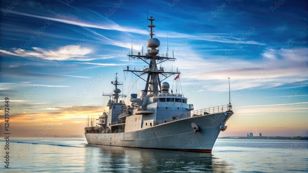 Navy destroyer or frigate with superstructure and masts on the water, warships, frigate ships Navy destroyer or frigate with superstructure and masts on the water, warships, frigate ships