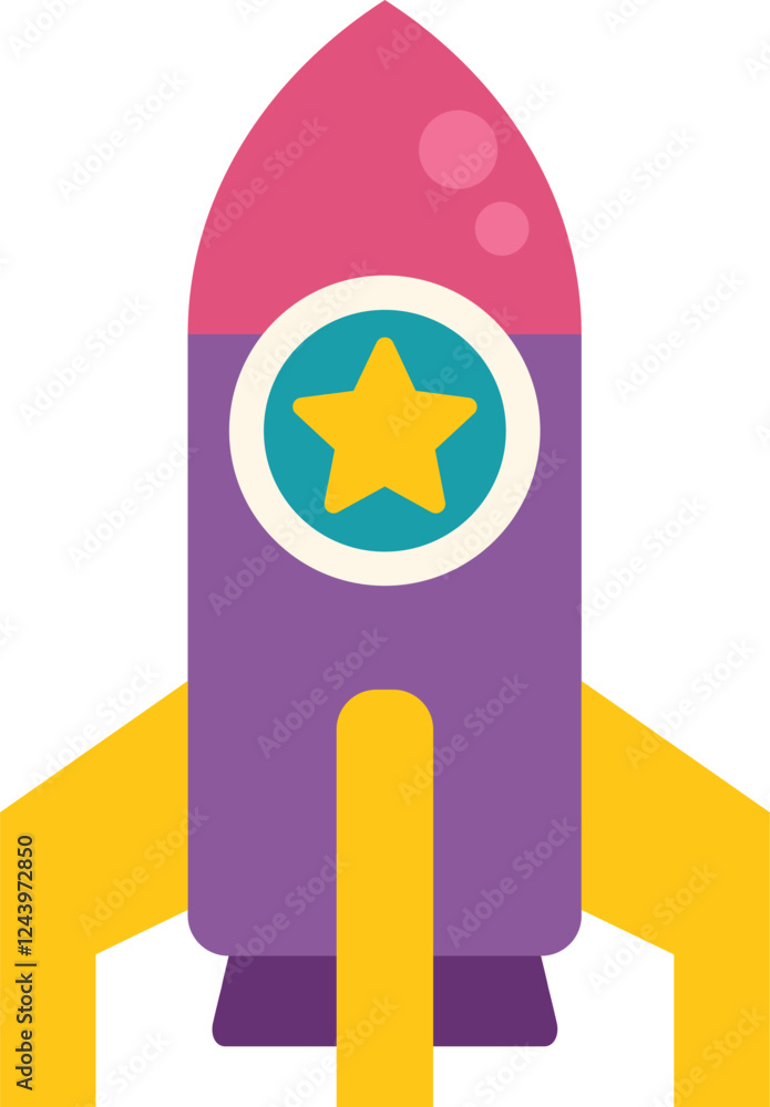 Fototapeta premium Cartoon style purple rocket launching into space, featuring a prominent star symbol, representing exploration, innovation, and the pursuit of dreams