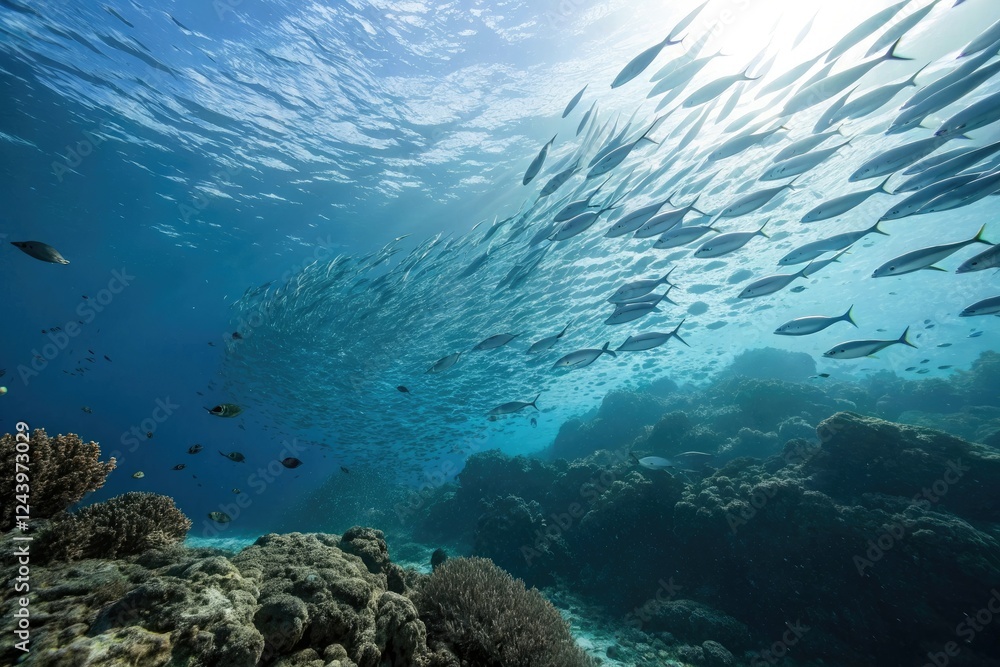 Fototapeta premium Ocean currents with schools of fish, seawater movement, coral reef, tidal waves