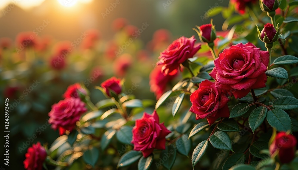The image shows a close-up of vibrant red roses in full bloom with a soft-focus background and sunlight filtering through, highlighting the beauty and freshness of the flowers The image shows a close-up of vibrant red roses in full bloom with a soft-focus background and sunlight filtering through, highlighting the beauty and freshness of the flowers
